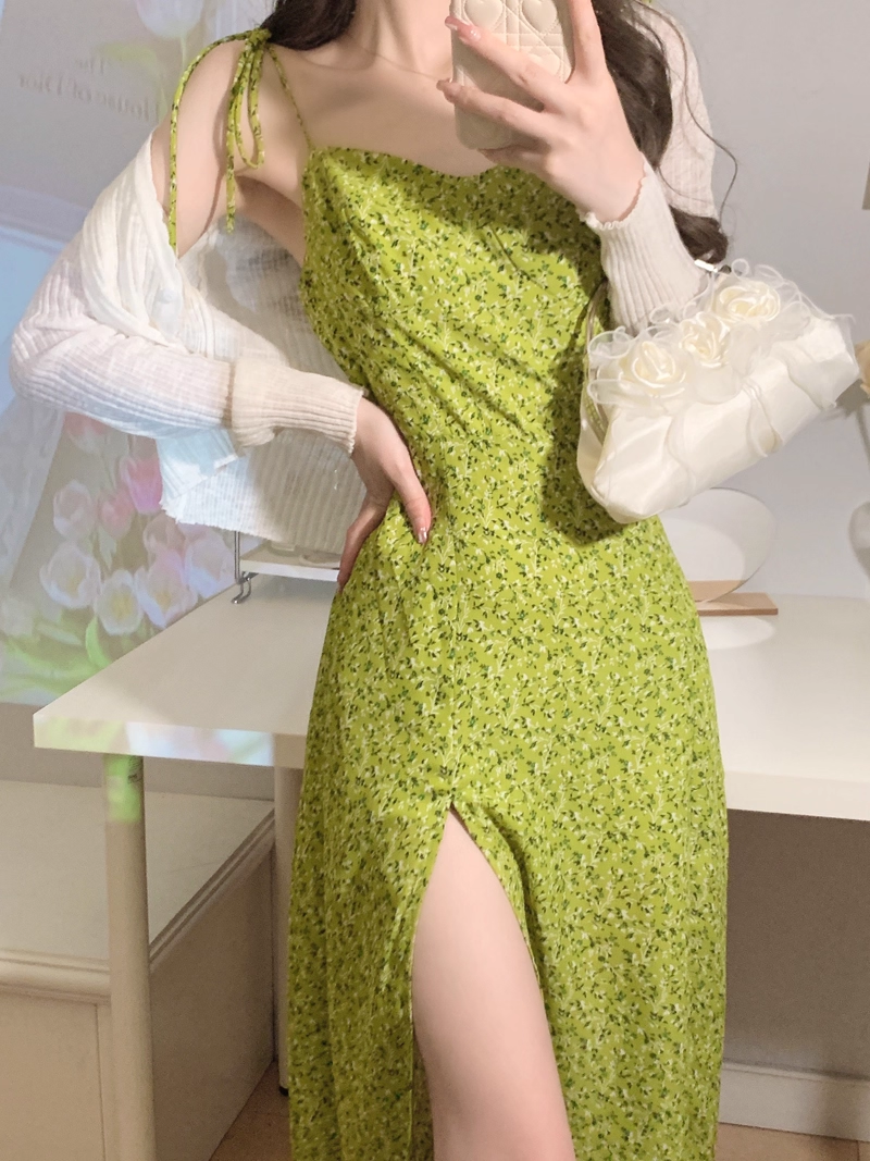 Green Suspender Holiday Dress Women's Summer New Seaside Floral Slit Vacation Dress YM2322