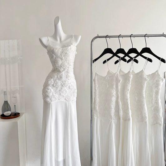 Elegant White Suspender Dress French Chiffon Waist Party Dress Mermaid Dress YM2092