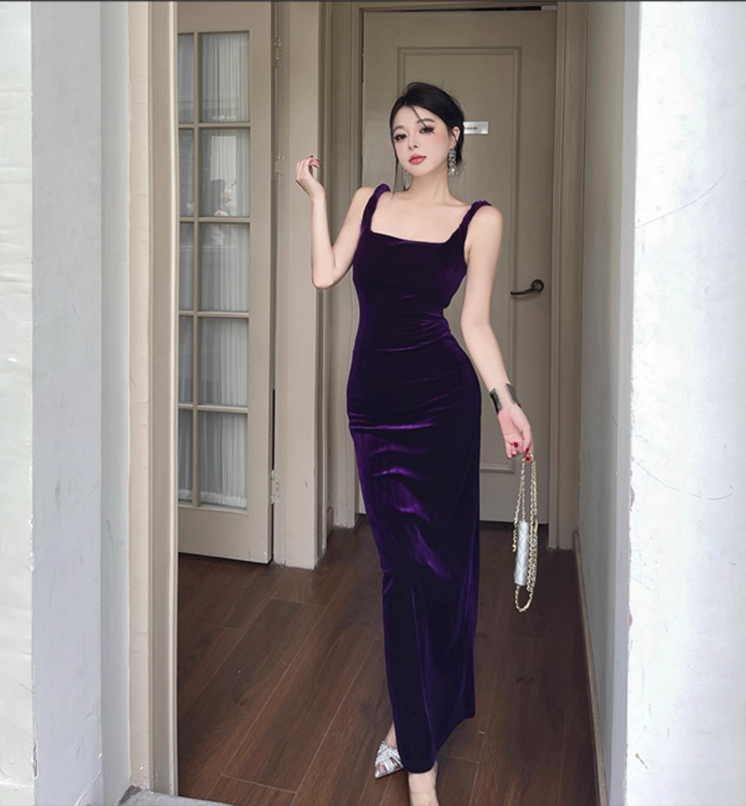 Charming Spaghetti Straps Purple Velvet Sheath Long Birthday Dress Sleeveless Holiday Dress YM2238