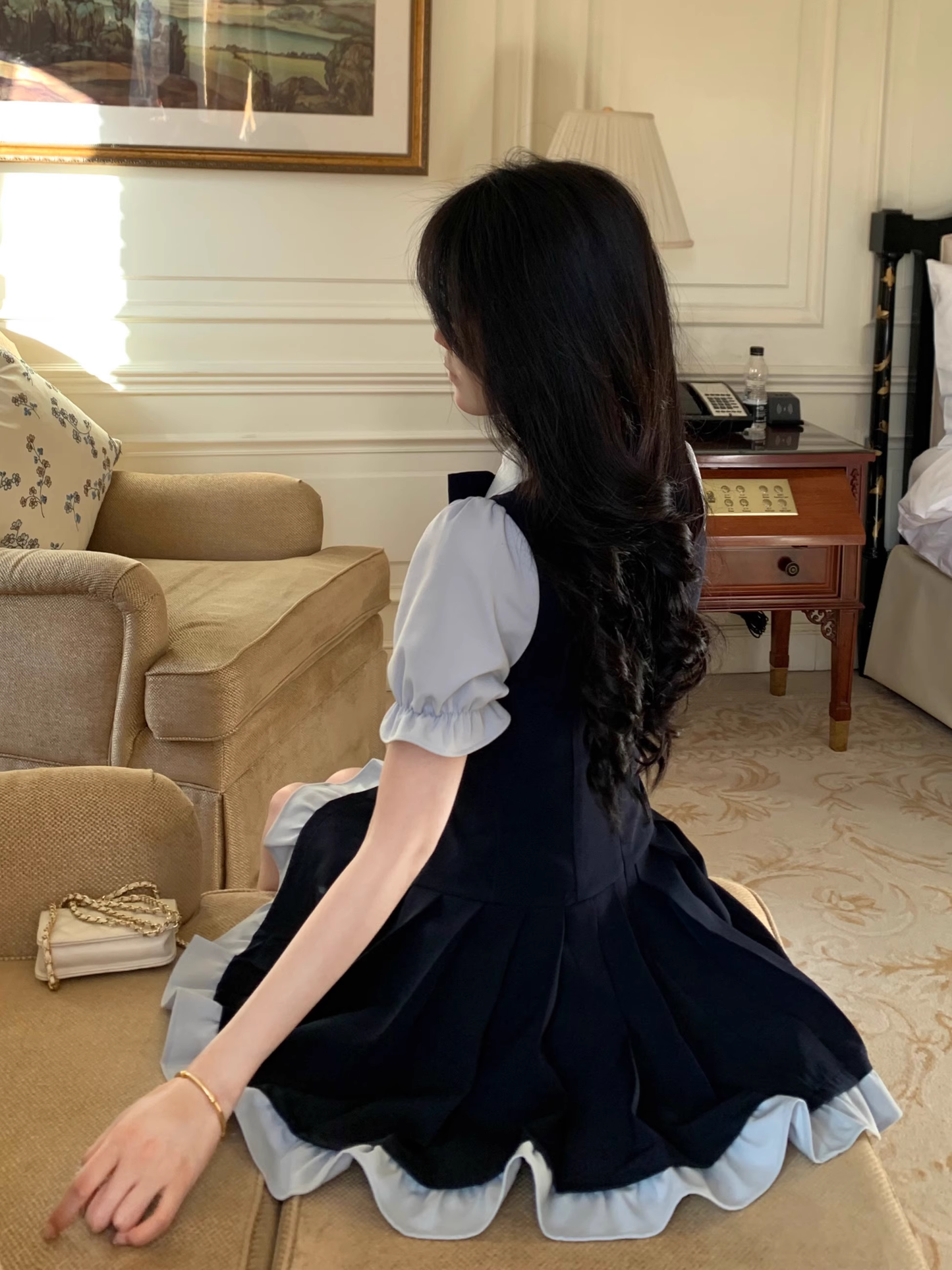 Preppy Style Fake Two-Piece Navy Blue Puff Sleeve Suspender Waist Party Dress YM2039