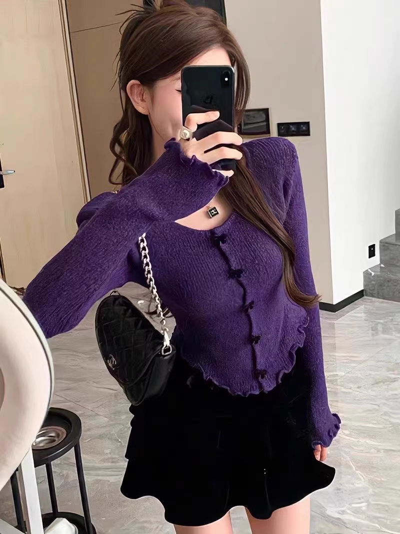 New Style Early Spring Top With Bow Short Hot Girl Chic Knitted Sweater YM1807