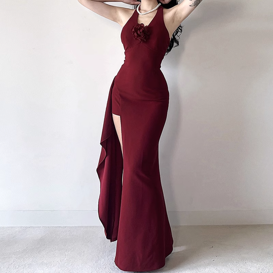 Red Halter V-neck Party Dress Sexy Slit Sheath Long Vacation Dress YM2208
