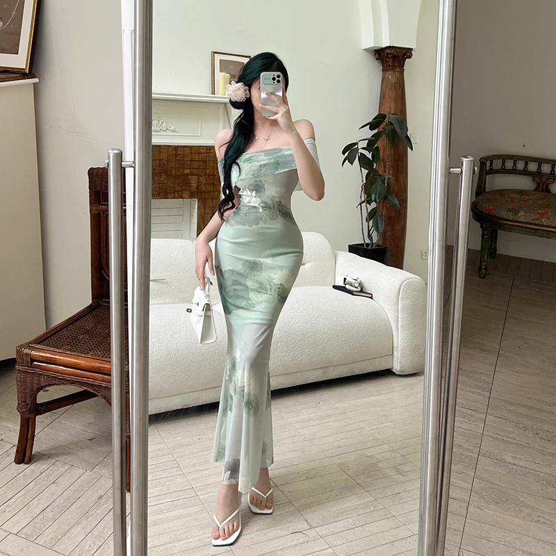 Green Printed Floral One-Shoulder Vacation Dress Sexy Seaside Long Holiday Dress YM2279