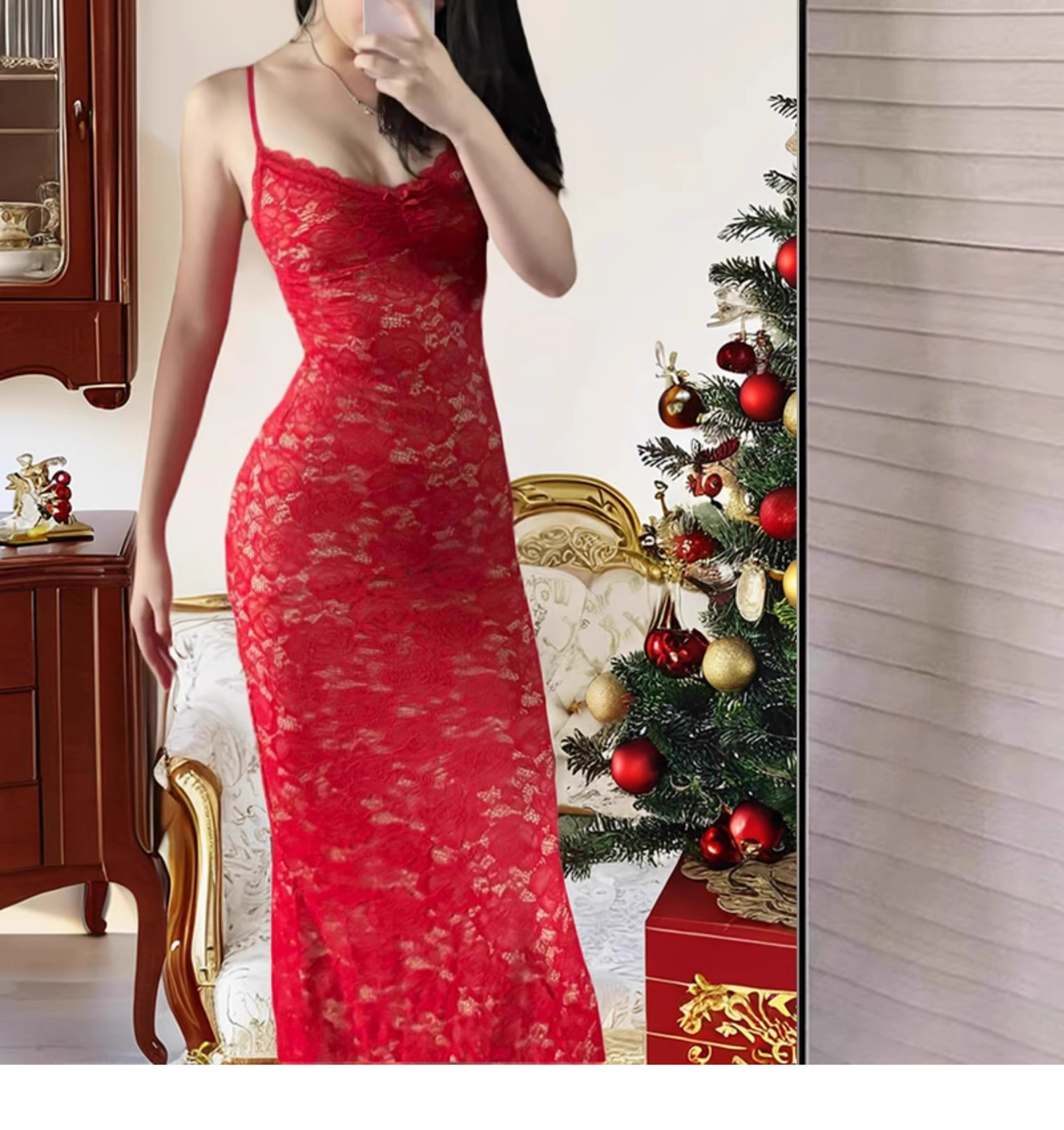 Pretty Straps Red V Neck Lace Vacation Dress Long Party Dress YM2199