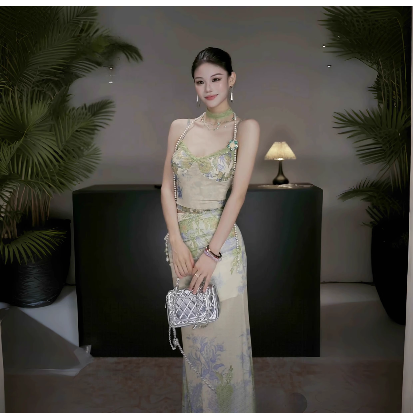 New Chinese Style Green Suspender Two-piece Summer Mermaid Holiday Dress Vacation Dress YM2263