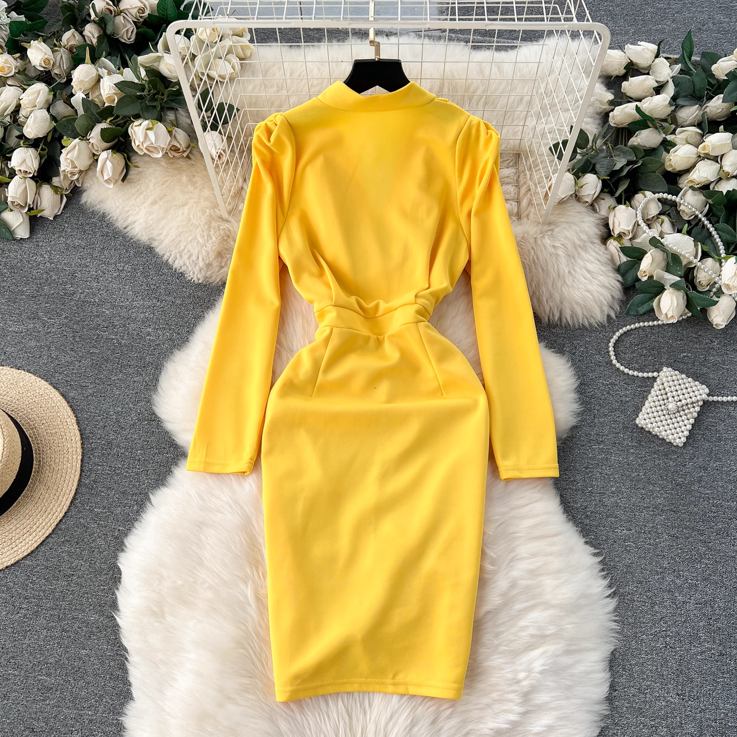 Deep V-neck pleated summer dress YM1249