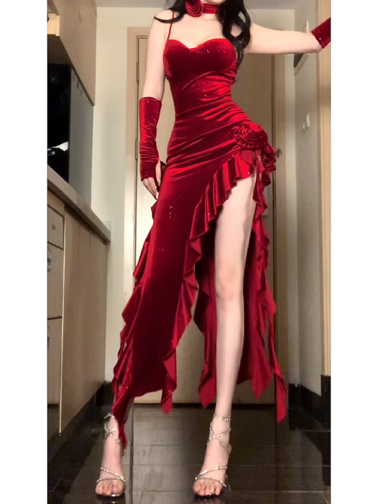 Sexy Spaghetti Straps Red Velvet Ruffle Slit Party Dress Birthday Dress YM2210