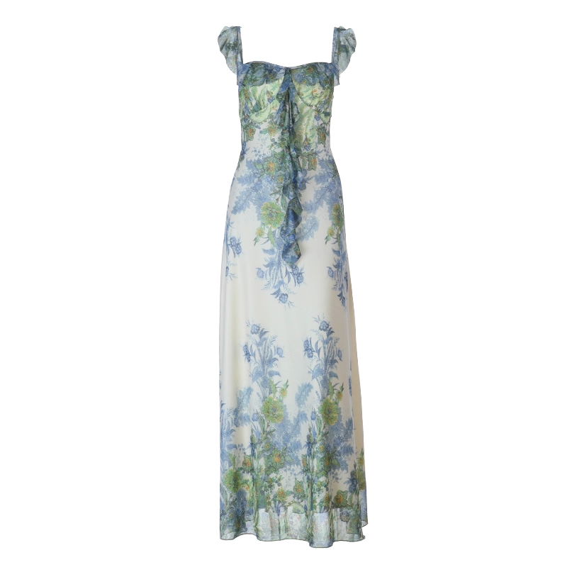 Fashion Green Printed Floral Straps Birthday Dress Women's Sexy Long Holiday Dress YM2280