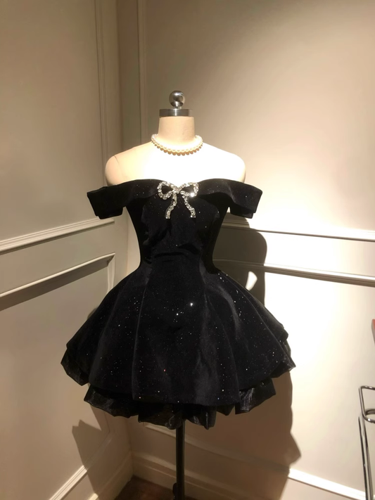 Black Off The Shoulder Velvet Short Party Dress Birthday Dress YM2067