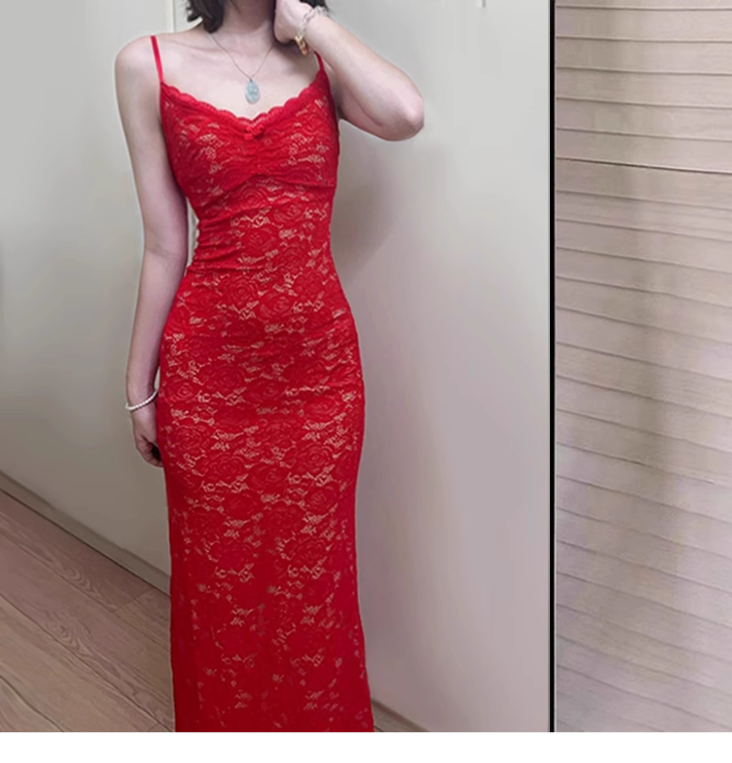 Pretty Straps Red V Neck Lace Vacation Dress Long Party Dress YM2199