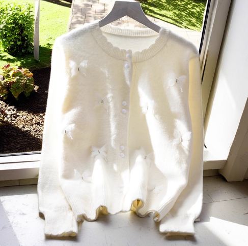 Pink Butterfly Sweater Jacket Sweet Long Sleeve Knitted Cardigan YM2376