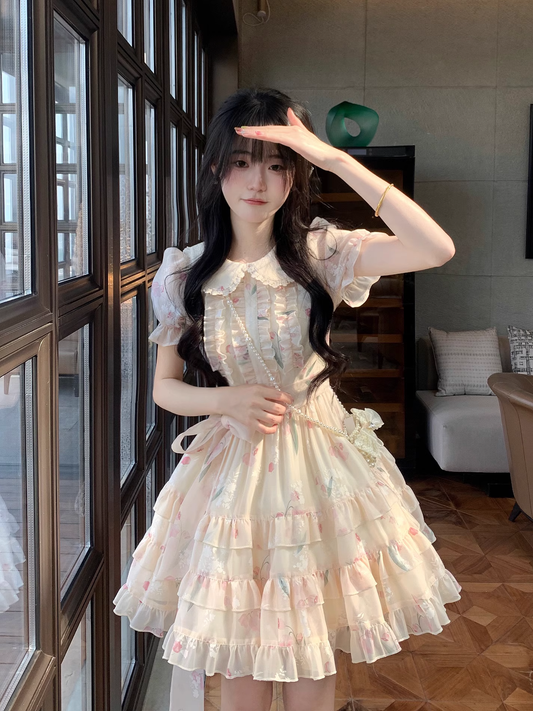 Sweet Tulip Print Baby Doll Neck Multi-Level Skirt Dress YM2032