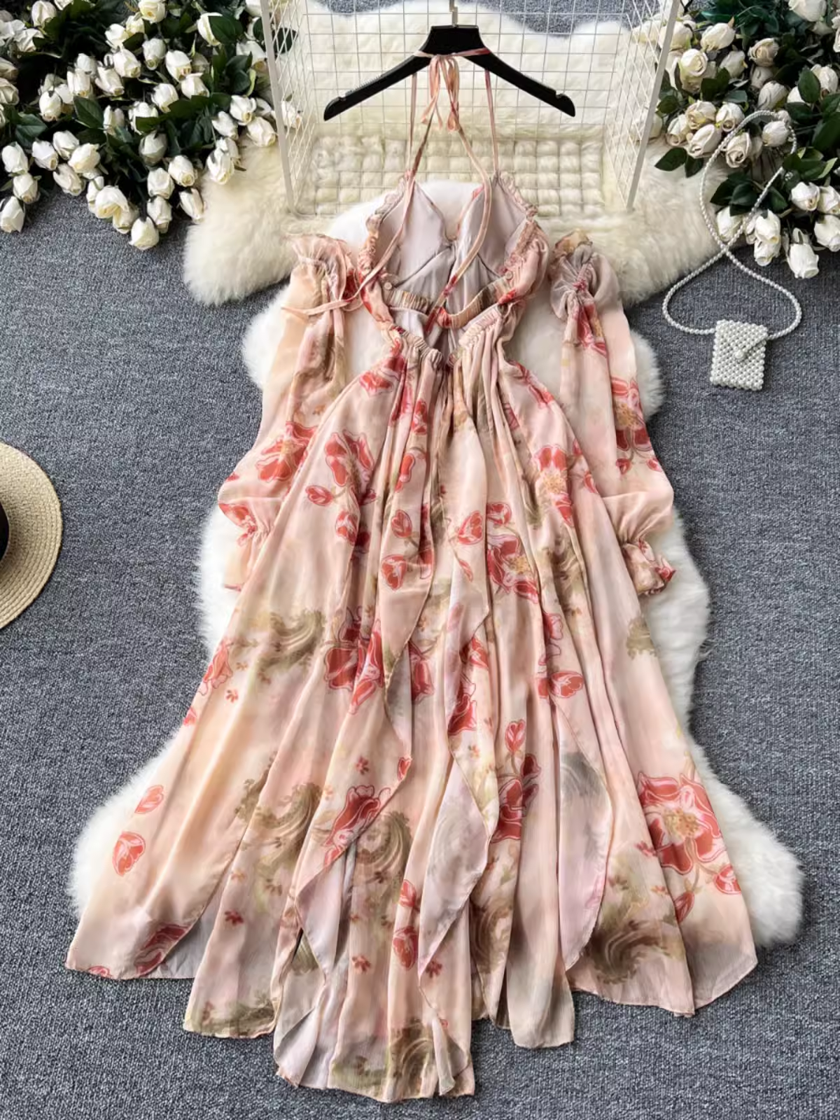 Irregular ruffled printed chiffon dress YM1468