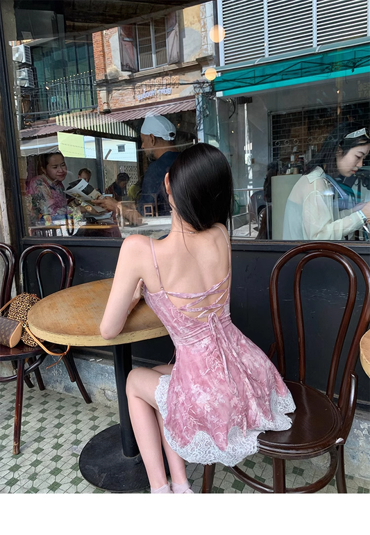 Sexy Straps Lace Print Backless Birthday Outfits Mini Party Dress YM2000