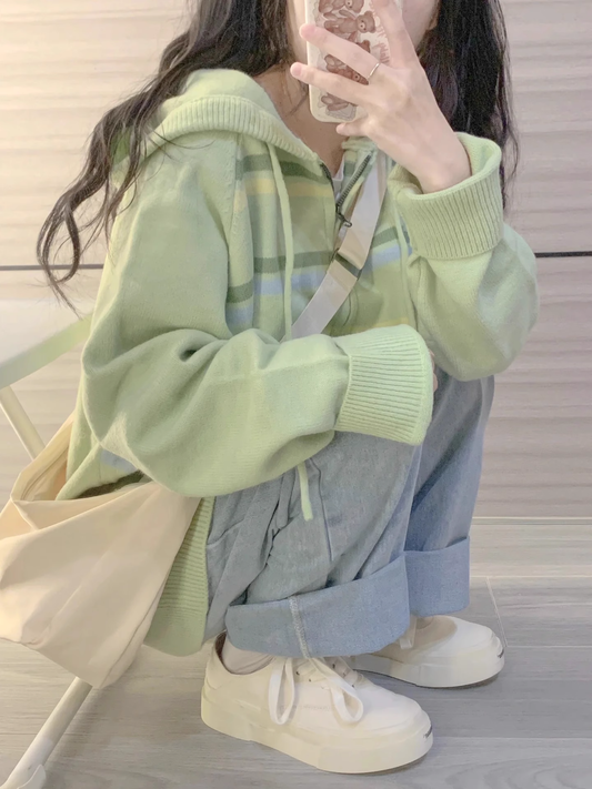 Striped Zipper Cardigan Hooded Knitted Autumn Winter Sweater Jacket YM357