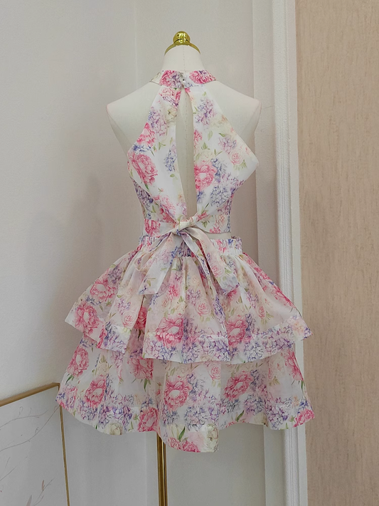 New Arrival Backless Lace-up Printed Halter Top + High Waist Ruffled Dress YM2098
