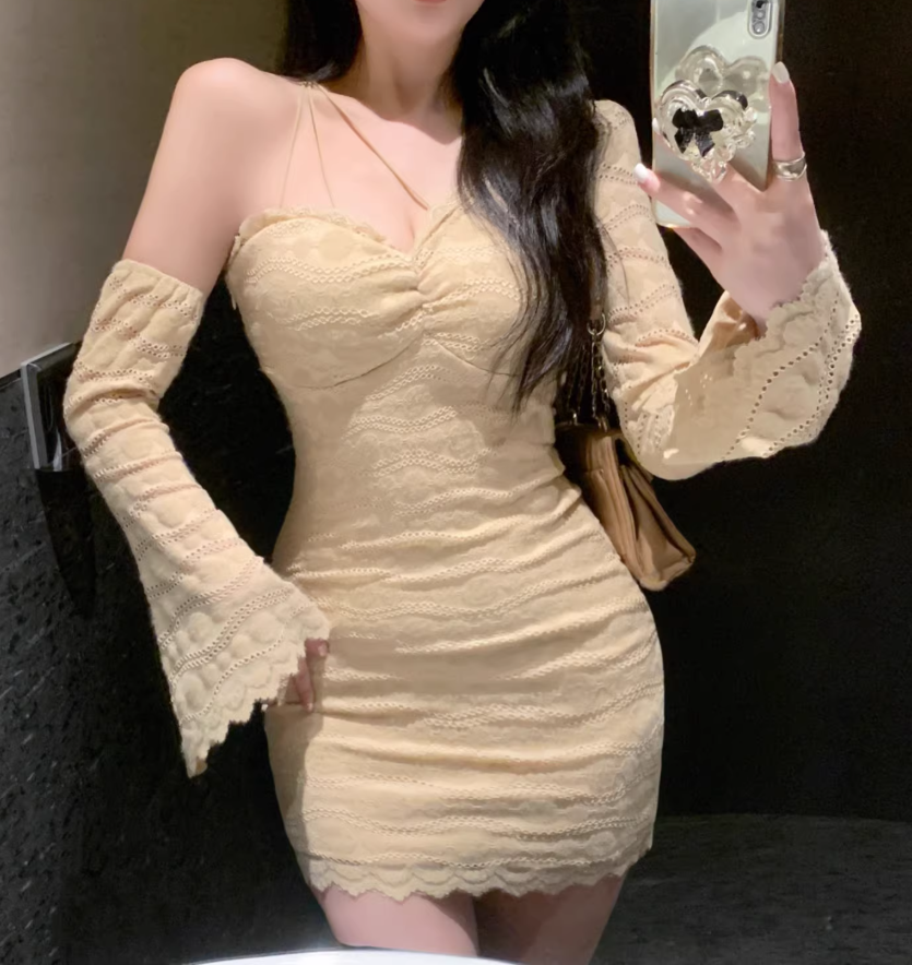 Sexy One Shoulder Black Lace Short Holiday Dress Women Dress YM2339