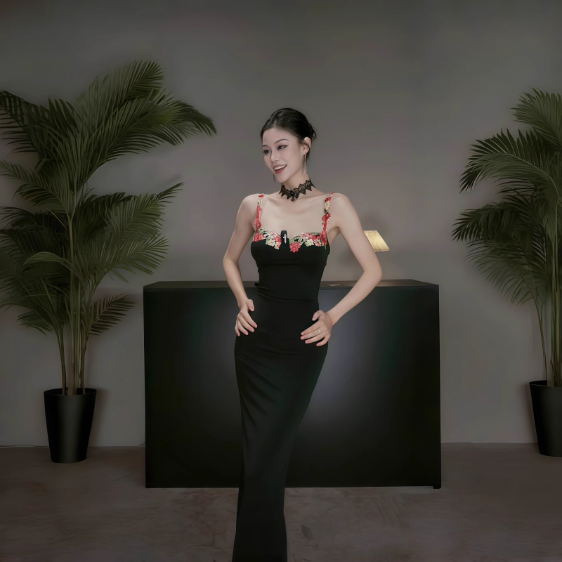 Black Suspender Holiday Dress Sexy Embroidered Sheath Long Birthday Dress YM2266