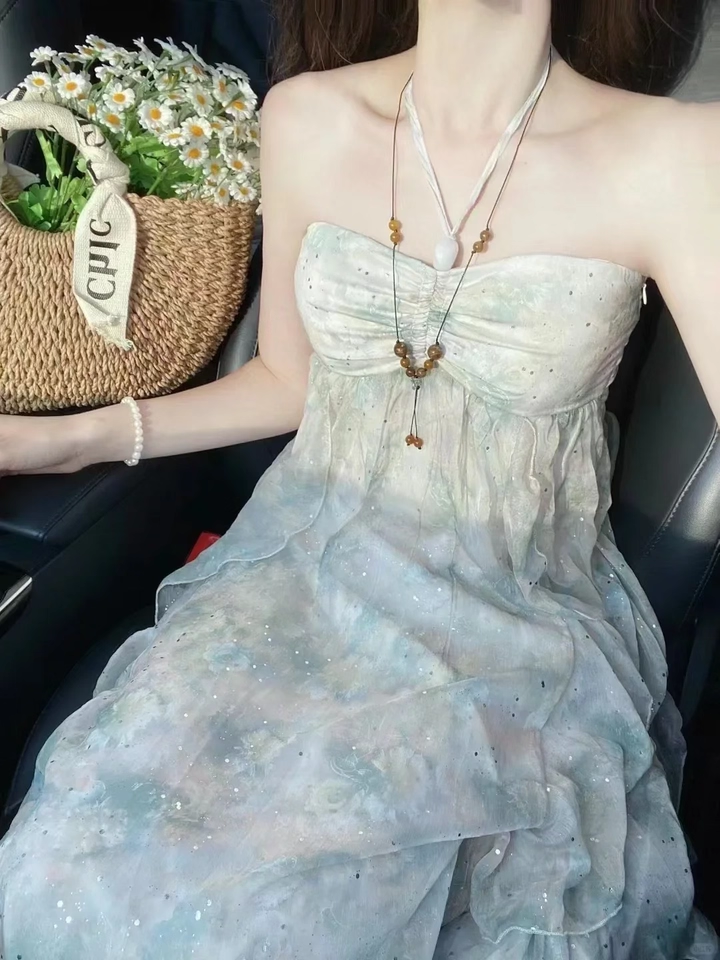 Classy Green Sea side Holiday Long Dress Halter Neck Strapless Party Dress YM2310