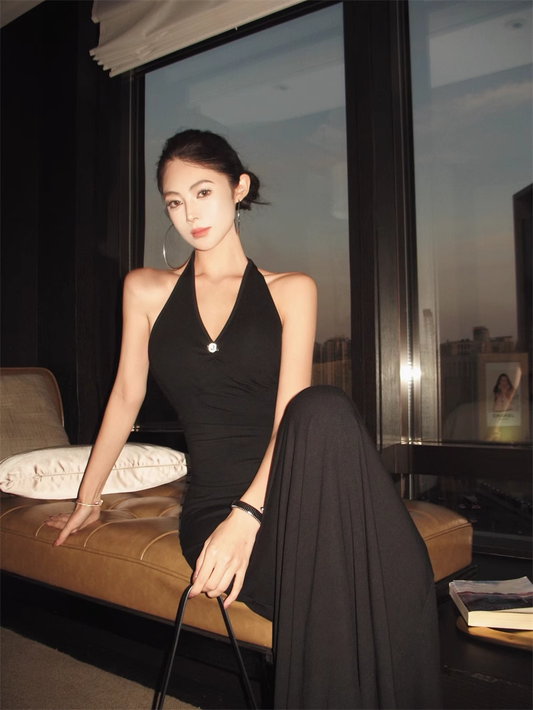 Black Halter Backless Long Party Dress Birthday Outfits YM2108