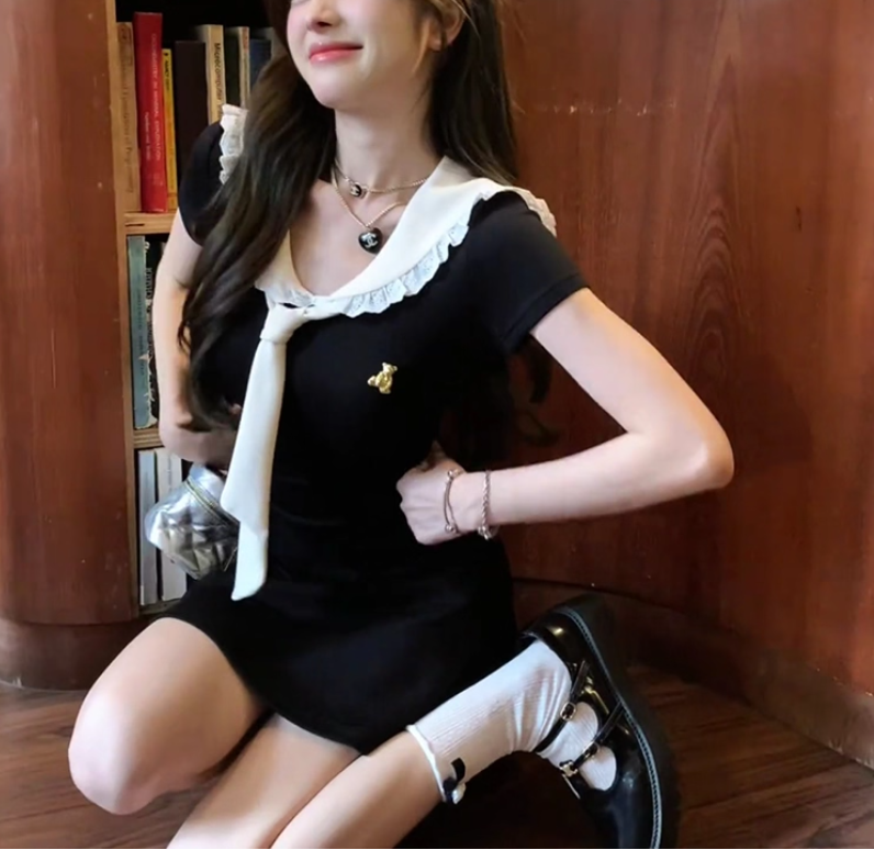 Cute Preppy Style Navy-Collar A Line Women Dresses Black Short Vacation Dress YM2169