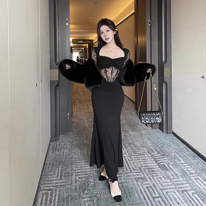 Sexy Black Lace Long-Sleeved Sheath Long Party Dress Holiday Dress  YM2260