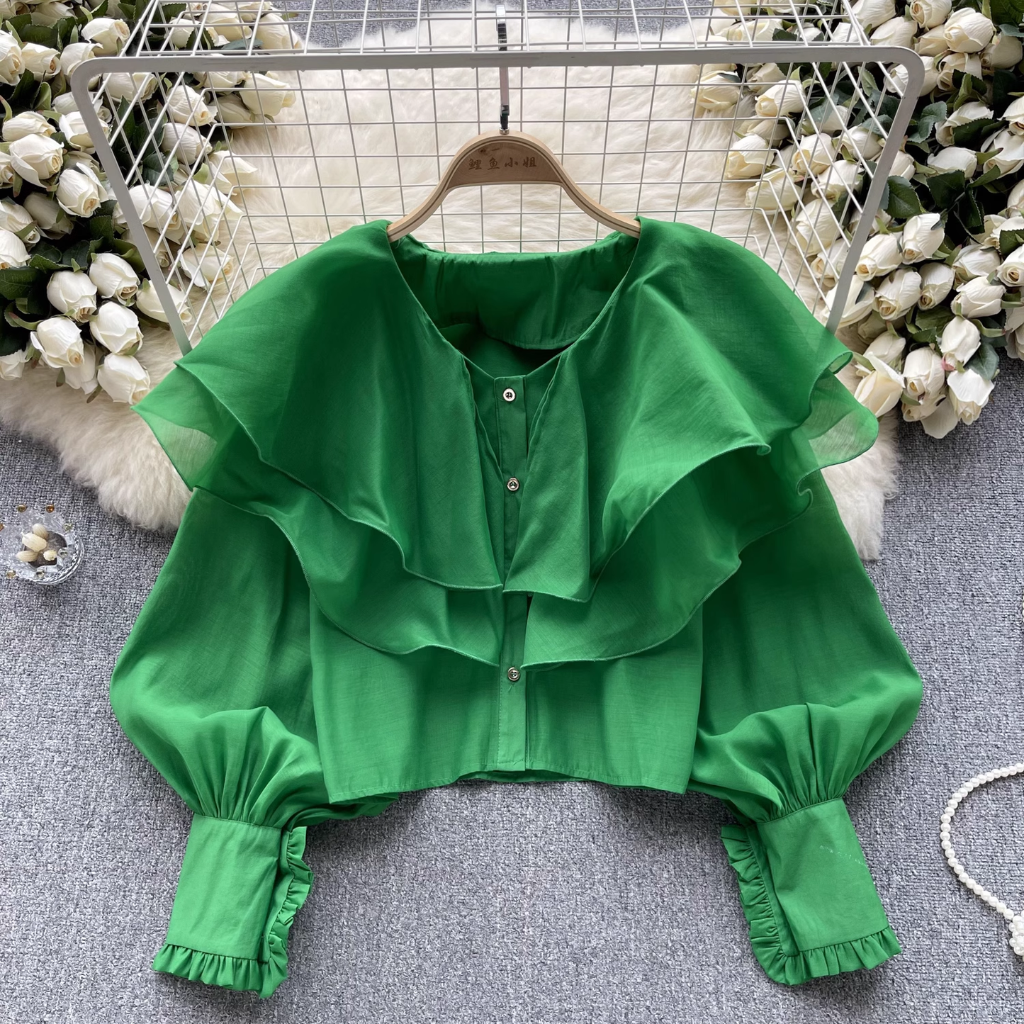 Women's autumn ruffled mesh shirt with lantern sleeves blouses YM492