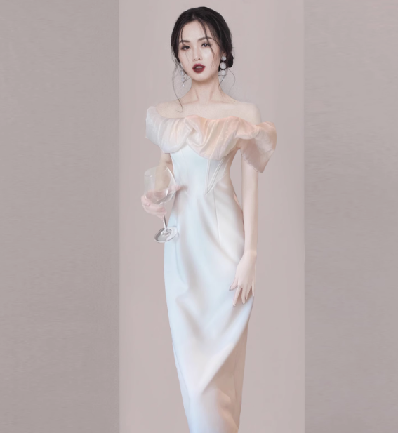 Apricot one shoulder sexy dress evening gown YM1956