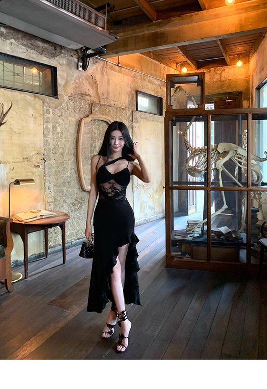 Black Lace Panelled Spaghetti Straps Slit Party Dress YM2001