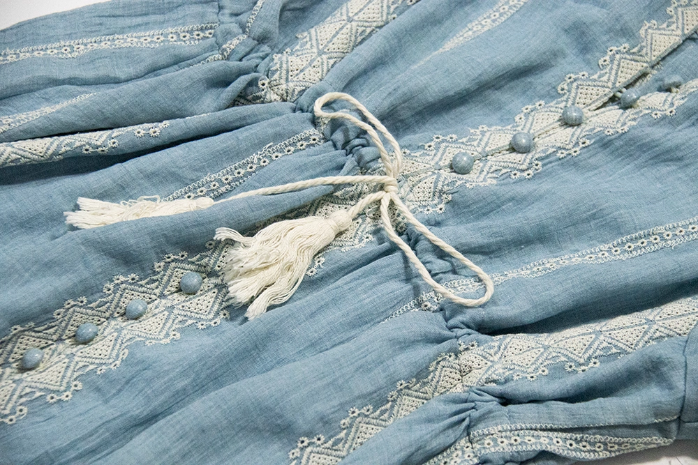 Bohemian Holiday Style Dress Blue V-neck Embroidered Beach Long Dress YM2313