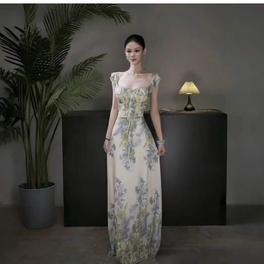 Fashion Green Printed Floral Straps Birthday Dress Women's Sexy Long Holiday Dress YM2280
