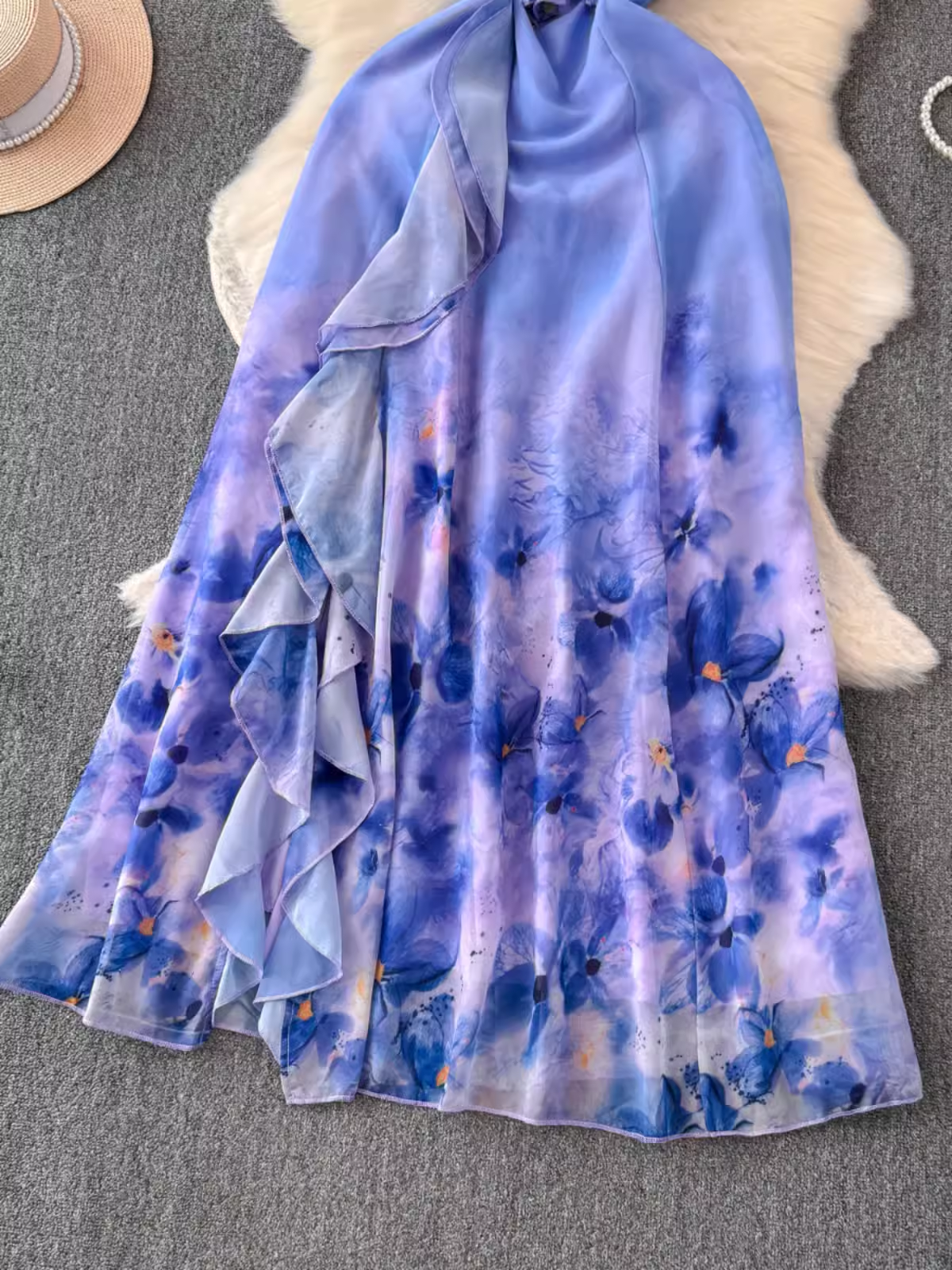 Ruffled patchwork slit oil painting print vacation dress YM1441