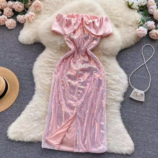 Pink Ruffle Neckline Sequins Dress ,YM59