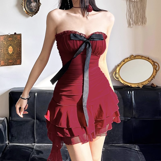 Vintage red bow strapless short dress YM1036