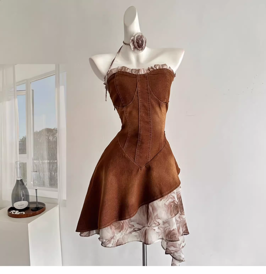 Vintage Strapless Women's Brown Denim Short Party Dress Vacation Dress YM2087