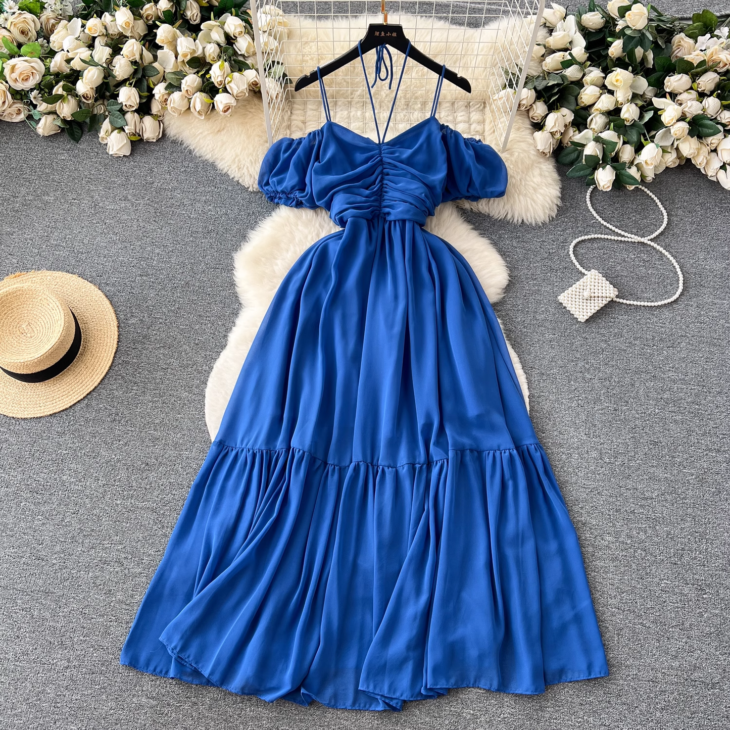 Women's summer strapless pleated dress with straps YM352