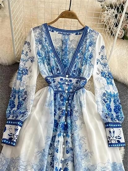 Deep V-neck printed elegant dress YM1205