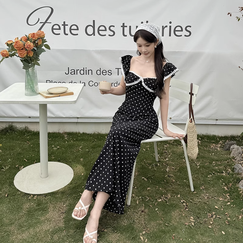 Cute Black Lace Polka Dot Square Neck Long Vacation Dress Holiday Dress YM2249