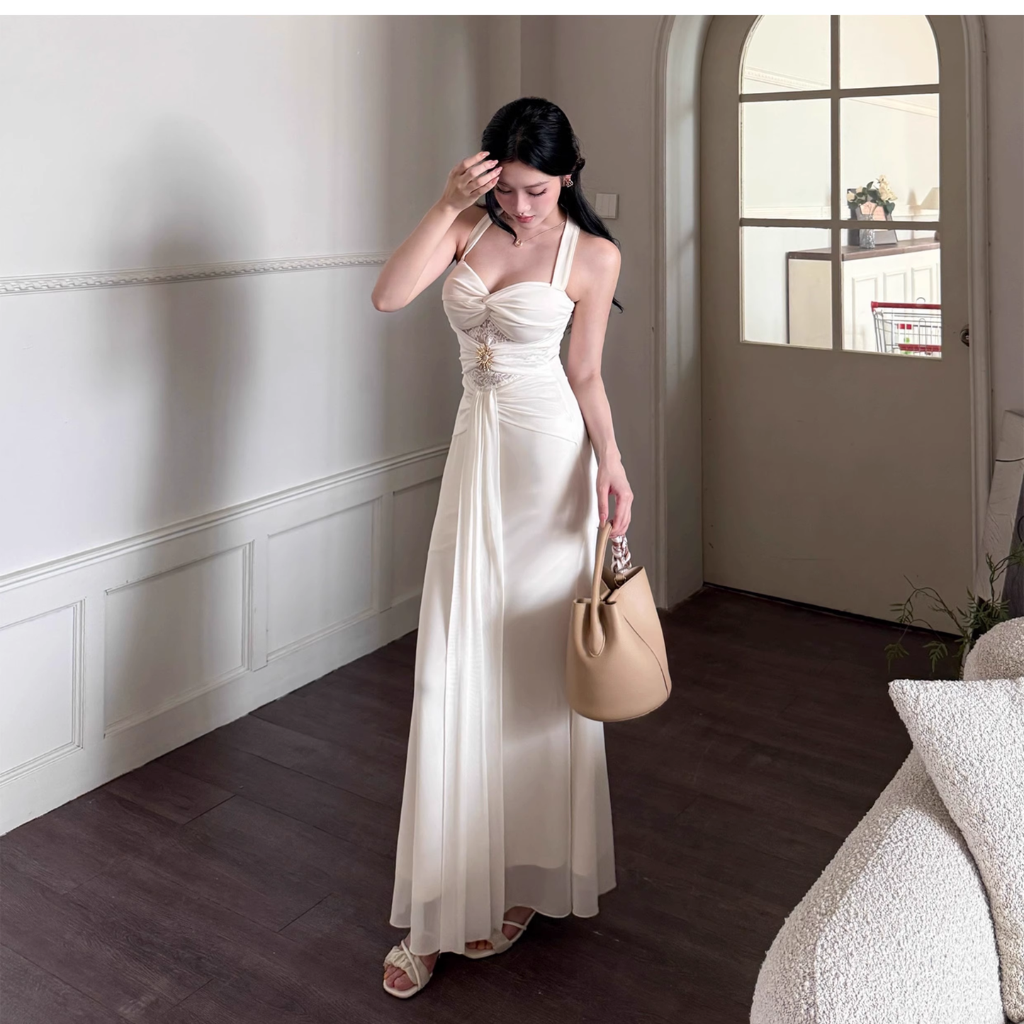 White Halter Neck Long Holiday Dress Sexy Lace Sheath Birthday Dress YM2278