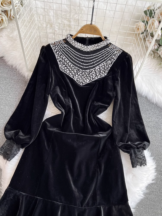 Long-sleeve stand-collar beaded panel ruffled velvet dress YM1016