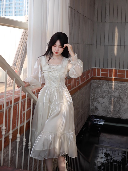 Apricot French Square Neck Long Dress Fairy Glossy Party Dress Prom Dress YM2026