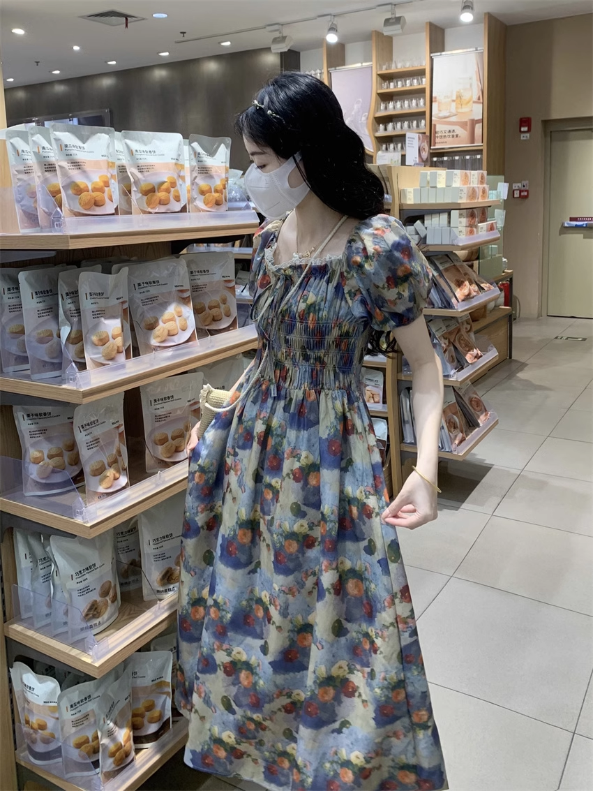 Oil painting girl's floral long dress women's summer YM1456