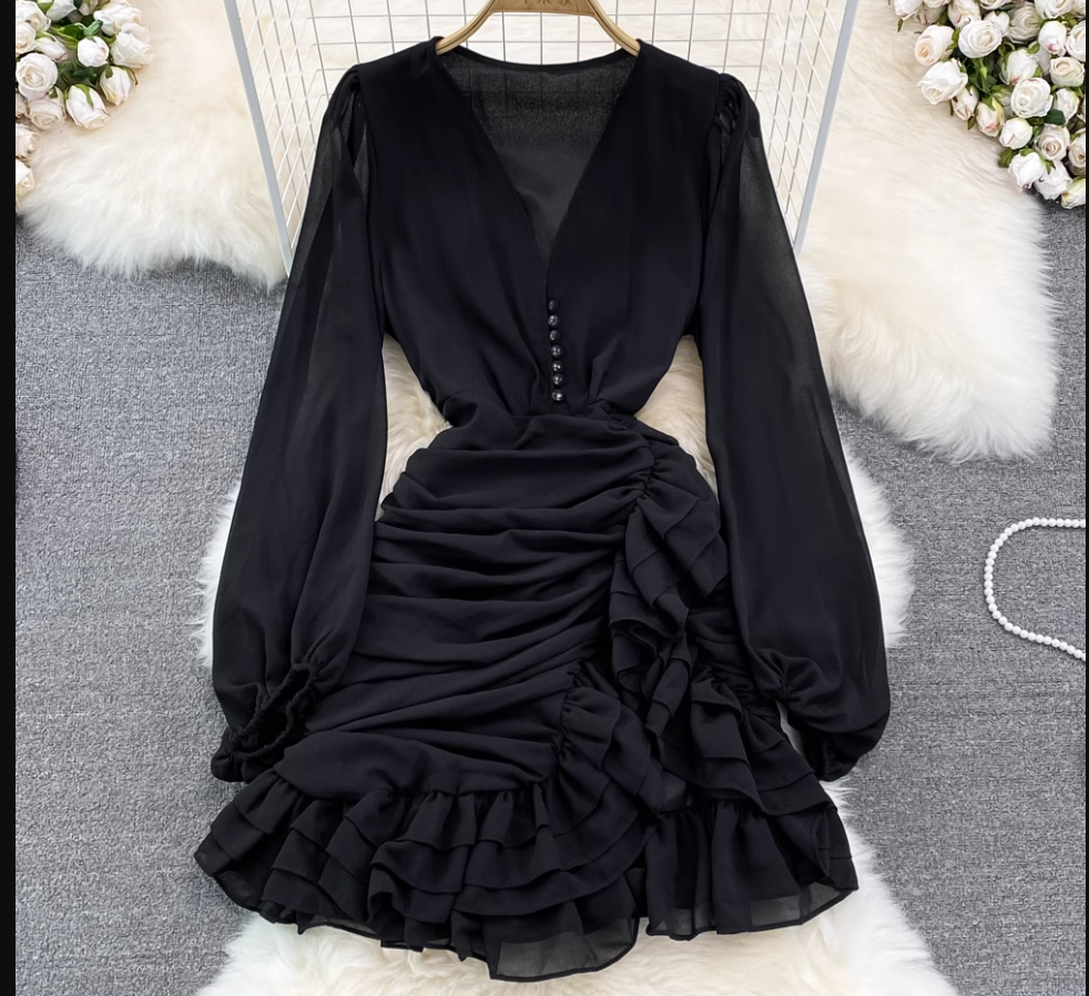 V Neck Irregular Ruffles Dress ,YM223