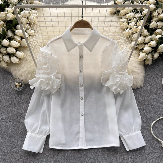 women's summer three-dimensional flower long sleeve mesh blouses YM353