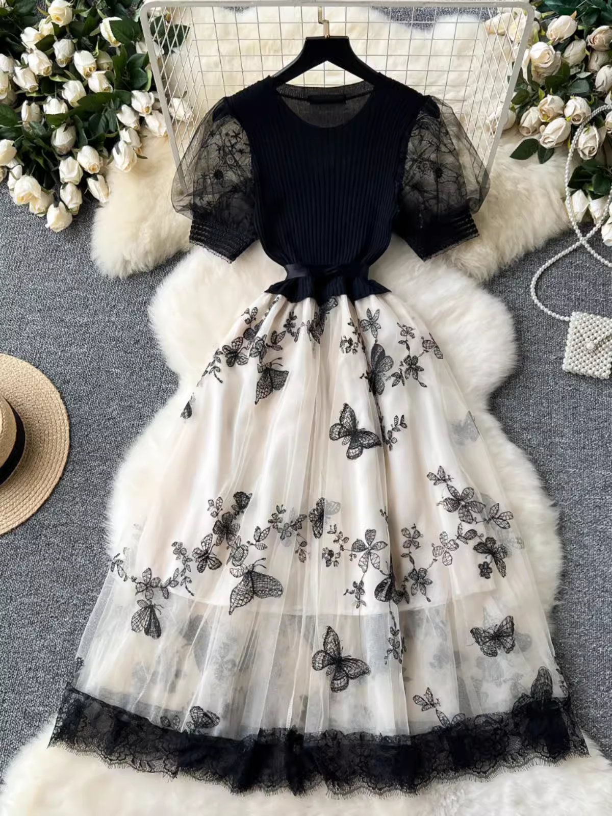 Retro Elegant Dress Women Knitted Splicing Embroidery Butterfly Mesh Fluffy Fairy Long Dress YM1461
