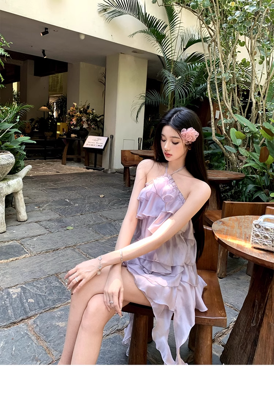Purple Halter Neck Ruffle Layered Short Party Dress YM2010