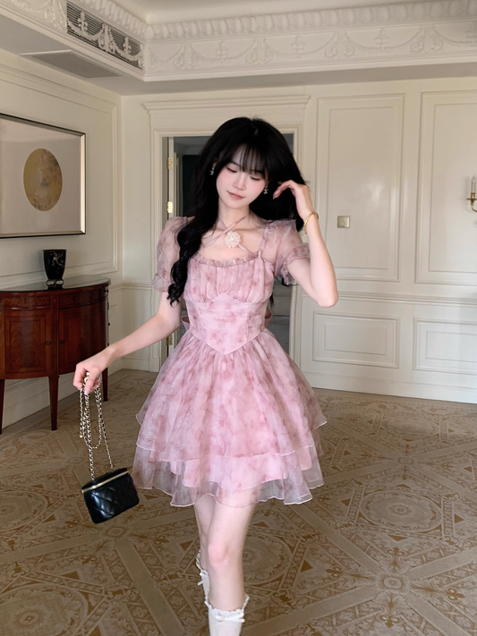 Sweet Pink Princess Organza Splicing Tie Waist Printed Puffy Prom Dress Birthday Party Dress YM2046