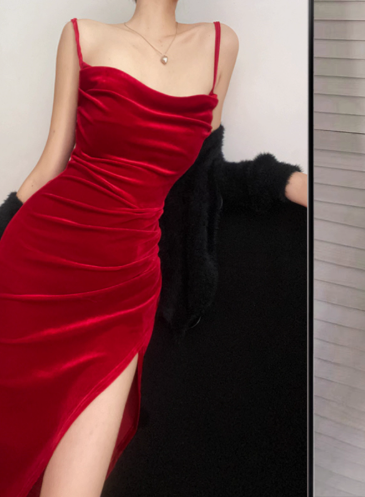 Elegant Red Spaghetti Straps Velvet Slit Party Dress Birthday Dress YM2193