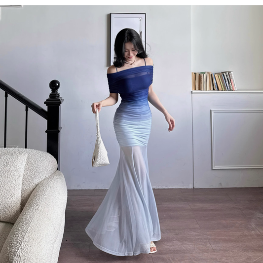 Unique Off The Shoulder Blue Ombre Sheath Long Vacation Dress Holiday Dress YM2276