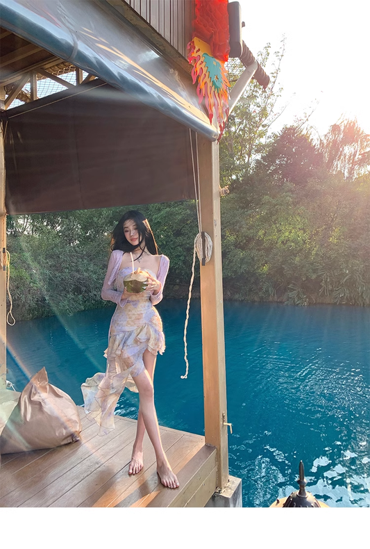 Sexy Strapless Chiffon Print Floral Ruffles Evening Dress Party Dress YM1985